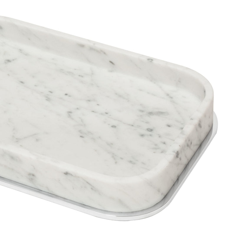 Positano marble valet tray in Arabescato White by Giobagnara, handcrafted in Italy with customizable metal finishes.