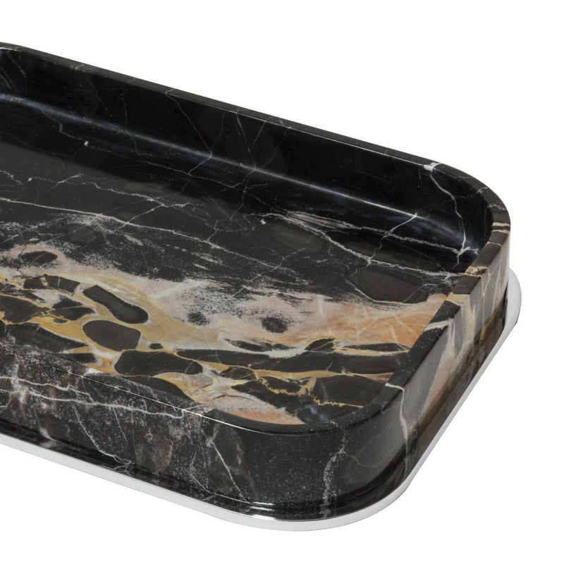 Close-up Black marble tray with a rim on a white background