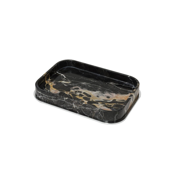 Black marble tray with gold veining on a white background
