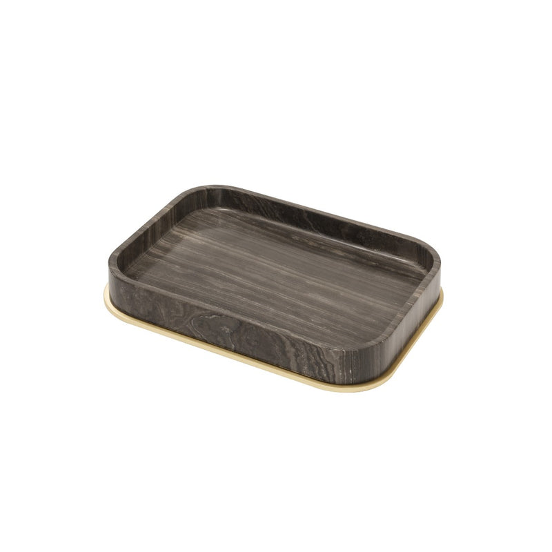 Positano marble valet tray in Eramosa Brown by Giobagnara, handcrafted in Italy with customizable metal finishes.