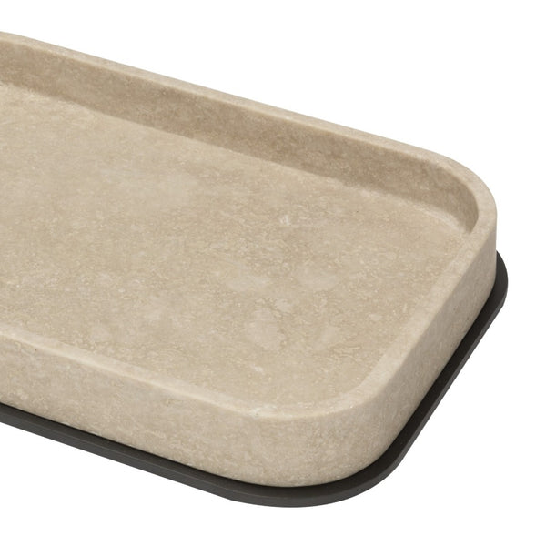 Close-up Positano marble valet tray in Travertino by Giobagnara, handcrafted in Italy with customizable metal finishes.