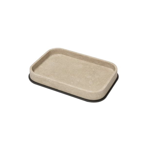 Positano marble valet tray in Travertino by Giobagnara, handcrafted in Italy with customizable metal finishes.