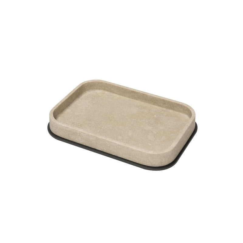 Positano marble valet tray in Travertino by Giobagnara, handcrafted in Italy with customizable metal finishes.