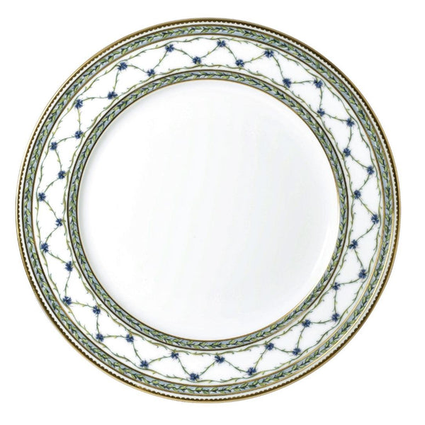 Allée du Roy presentation plate by Raynaud in Limoges porcelain with trellis, laurel crowns, cornflowers, and hand-painted gold details.