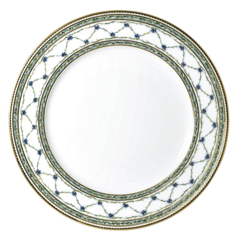 Allée du Roy presentation plate by Raynaud in Limoges porcelain with trellis, laurel crowns, cornflowers, and hand-painted gold details.