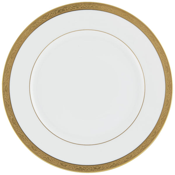 A white and gold porcelain presentation plate with a decorative border and center.
