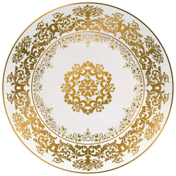 A white and gold porcelain presentation plate with intricate floral motifs and a medallion design in the center.