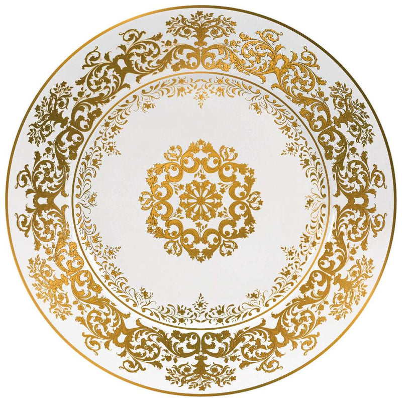 A white and gold porcelain presentation plate with intricate floral motifs and a medallion design in the center.