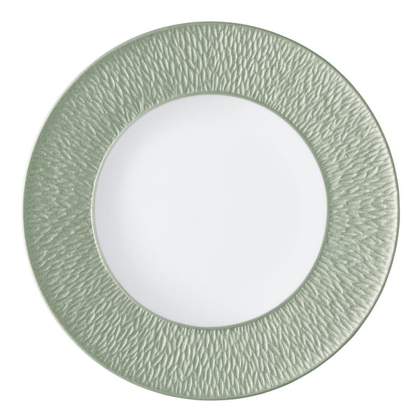 Raynaud Minéral Irisé Céladon porcelain presentation plate with sculpted engraved rim and celadon green glaze