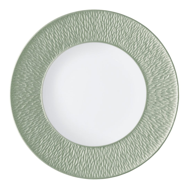 Raynaud Minéral Irisé Céladon porcelain presentation plate with sculpted engraved rim and celadon green glaze
