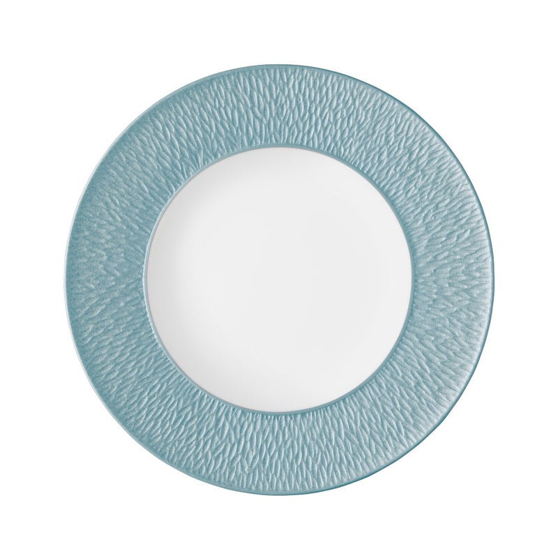 Raynaud Minéral Irisé Sky Blue porcelain presentation plate with engraved rim and iridescent glaze