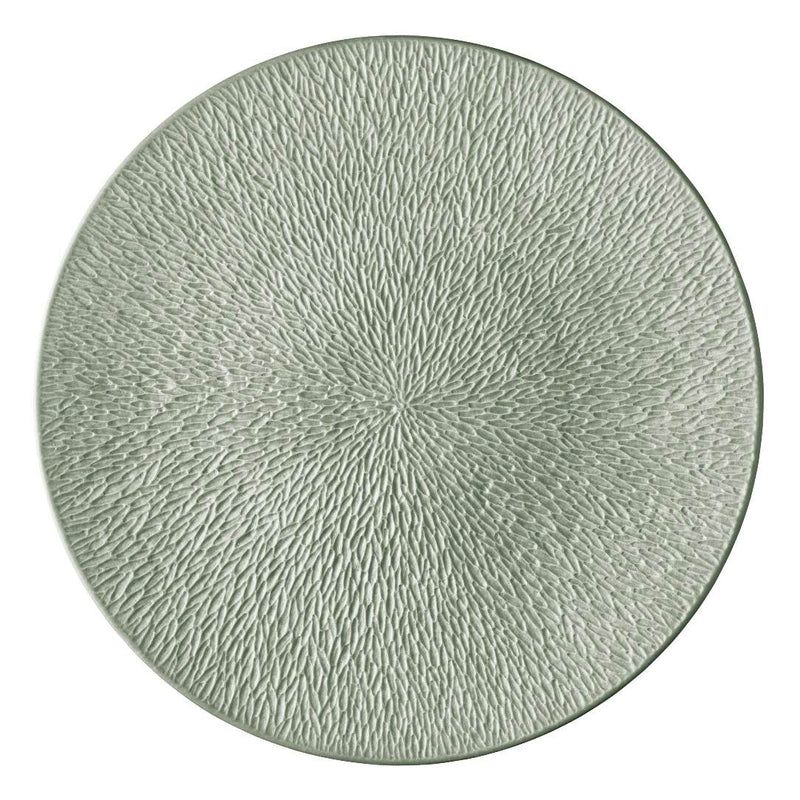 Raynaud Minéral Irisé Céladon fully engraved porcelain presentation plate with sculptural relief and celadon glaze

