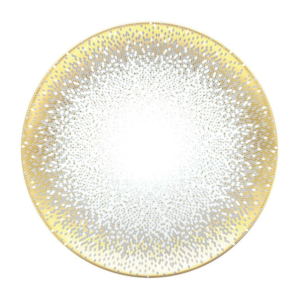 Souffle d’Or presentation plate in gold by Haviland, handmade Limoges porcelain inspired by a supernova with grey and matte gold accents.