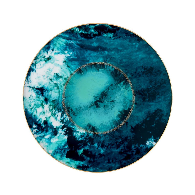 Océan Bleu Presentation Plate by Haviland in Limoges porcelain with ocean-inspired design in vivid blue tones and gold rim.
