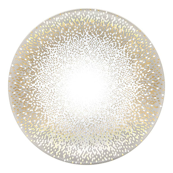 Souffle d’Or presentation plate in silver by Haviland, handmade Limoges porcelain with grey hues and shimmering silver accents inspired by a supernova.
