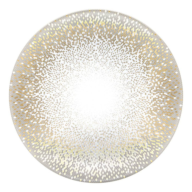 Souffle d’Or presentation plate in silver by Haviland, handmade Limoges porcelain with grey hues and shimmering silver accents inspired by a supernova.