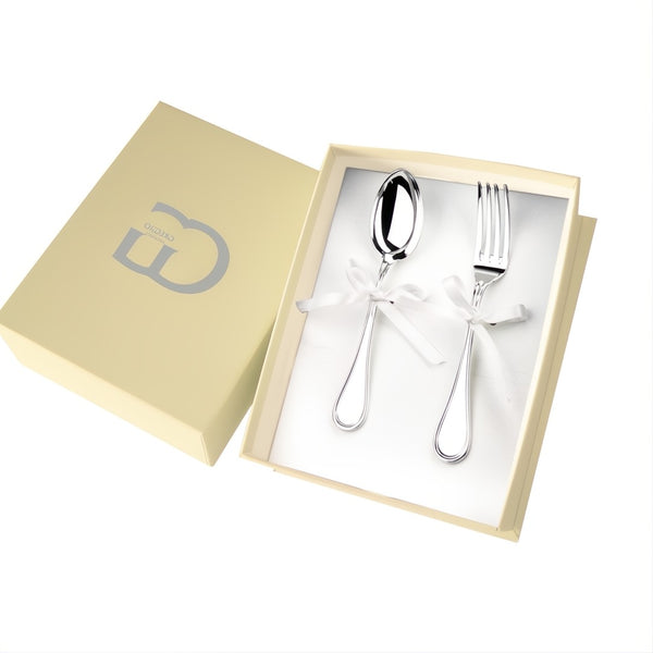 Silver-plated baby fork and spoon set in gift box by Greggio, engravable.