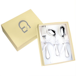 Silver-plated baby cutlery set with fork, spoon, and feeding spoon by Greggio in gift box.