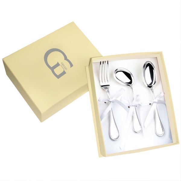 Silver-plated baby cutlery set with fork, spoon, and feeding spoon by Greggio in gift box.