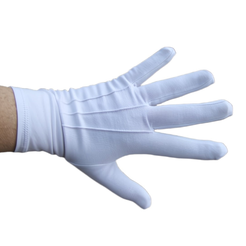 Professional white service gloves made from cotton and lycra by Amiramour, ideal for handling silverware and elegant presentation.