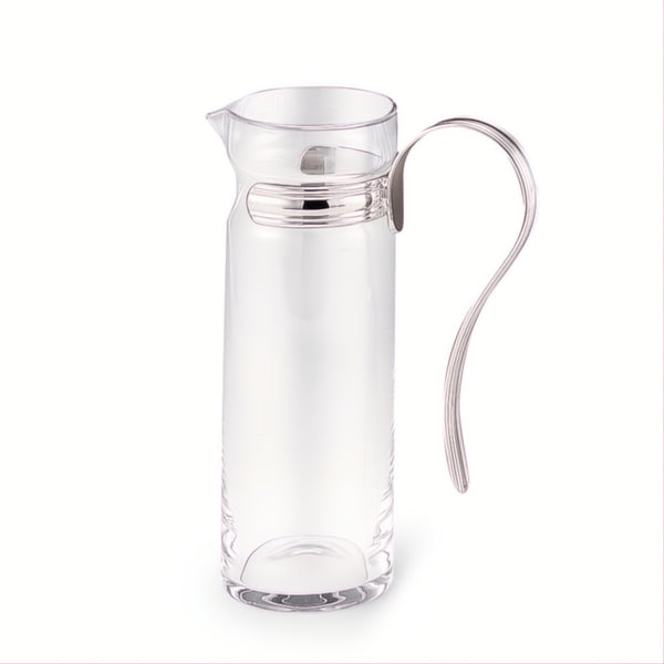 Luxury prosecco carafe in clear glass with curved silver-plated handle by Greggio – elegant design for fine dining and yacht entertaining.