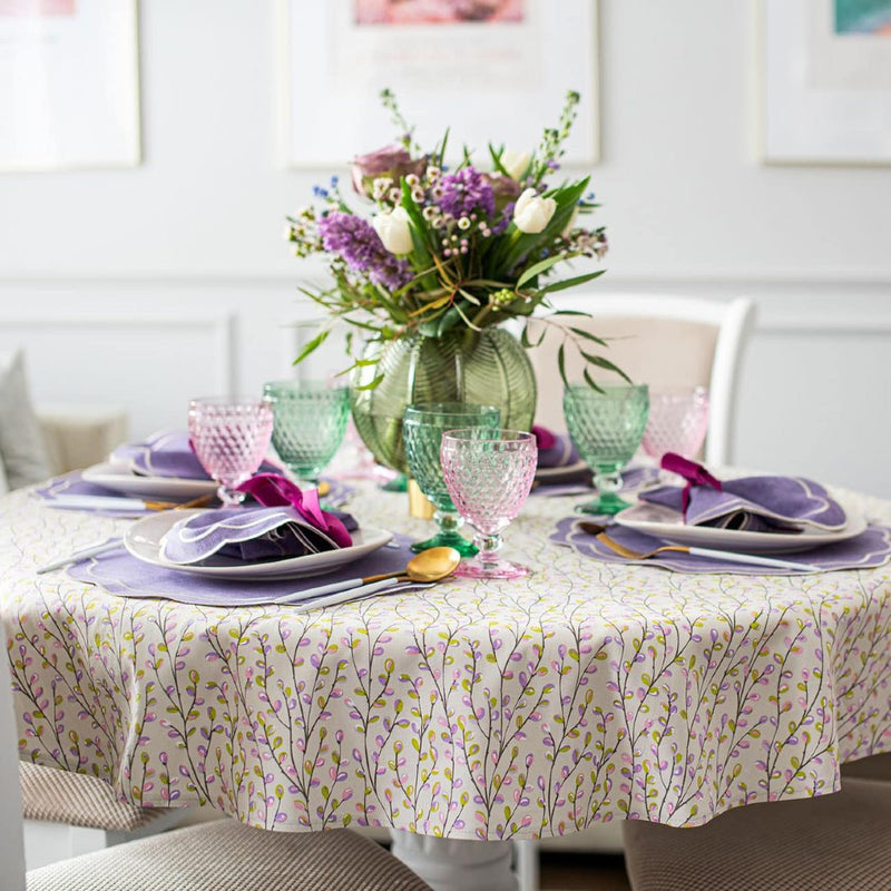 Round Purple Willow botanical cotton tablecloth by Roseberry Home on table styled in a dining room