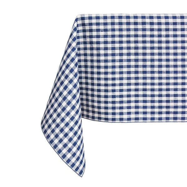 Blue and white checkered tablecloth on a white background