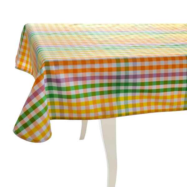 Colorful checkered tablecloth on a white table