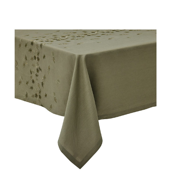 A kaki linen tablecloth with embroidered floral pattern detail in the middle.