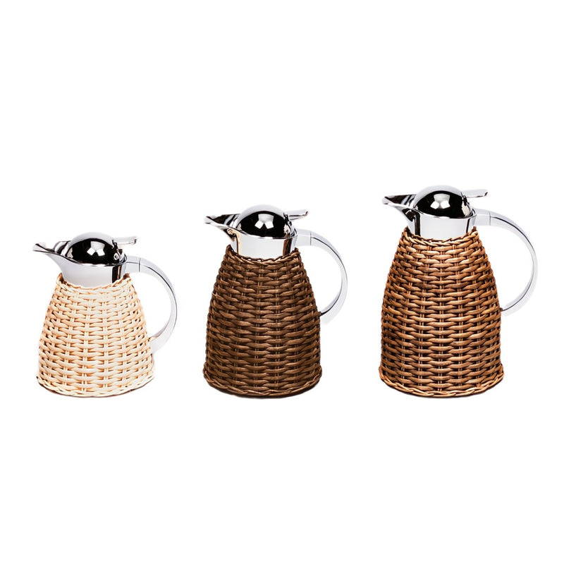 Styled Luxury rattan insulated carafe Chantilly by Pigment France x Giobagnara in stainless steel and real woven rattan – handcrafted Italian design.