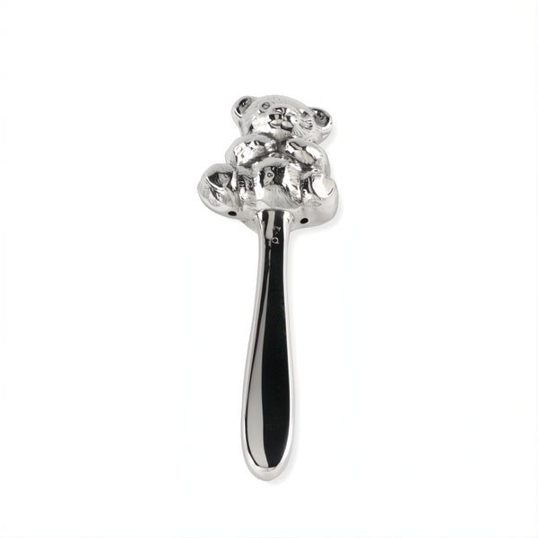 sterling silver teddy bear baby rattle with smooth handle by Sonja Quandt