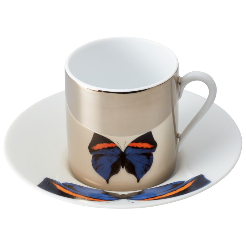 Espresso Cup Platinum Mirror and Saucers Blue Butterfly