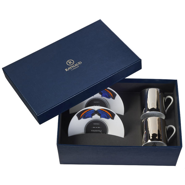 Set of 2 Espresso Cups Platinum Mirror and Saucers Blue Butterfly in a Gift Box