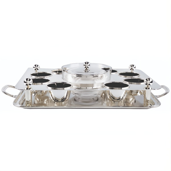 Rectangular silver-plated beef tartar set with crystal bowls by Sonja Quandt