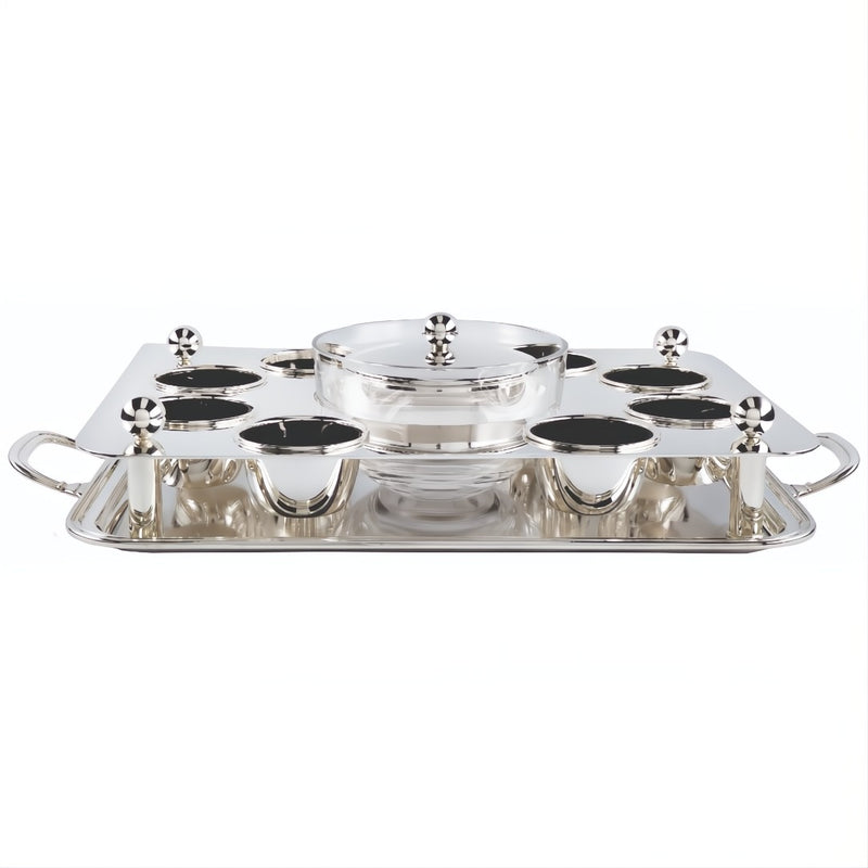 Rectangular silver-plated beef tartar set with crystal bowls by Sonja Quandt