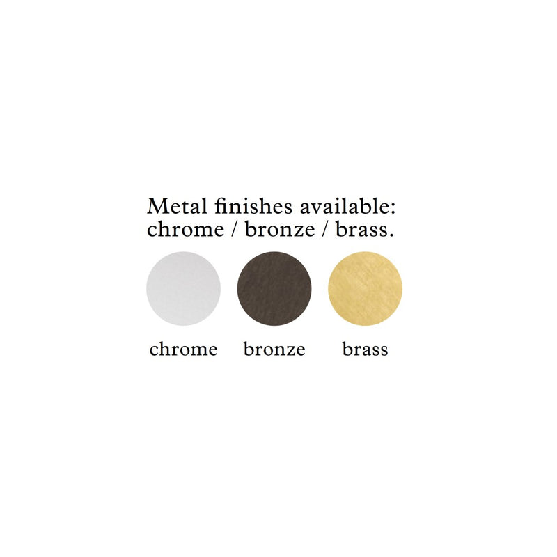 Bellini rectangular tray by Giobagnara  Color swatches for metal finishes including chrome, bronze, and brass on a white background.