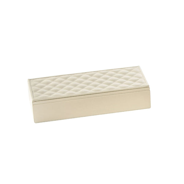 A rectangular, quilted padded leather box with a diamond pattern, in beige color.