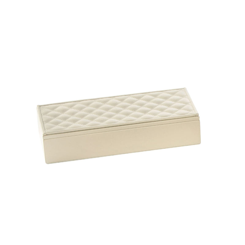 A rectangular, quilted padded leather box with a diamond pattern, in beige color.