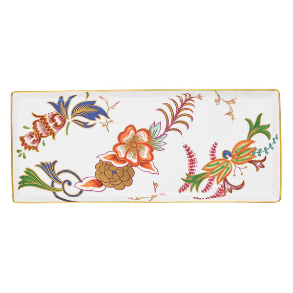 Rectangular porcelain cake platter with floral Imari motif and gold rim by Raynaud
