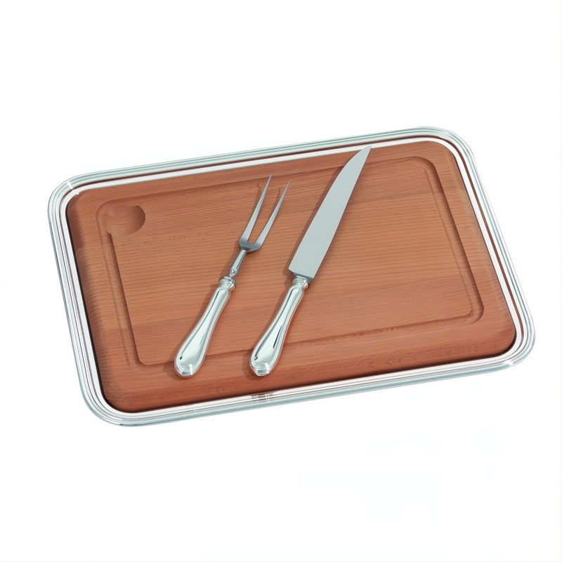 Rectangular carving tray set by Greggio with wooden board, silver-plated tray, carving knife, and fork for elegant dining presentation.