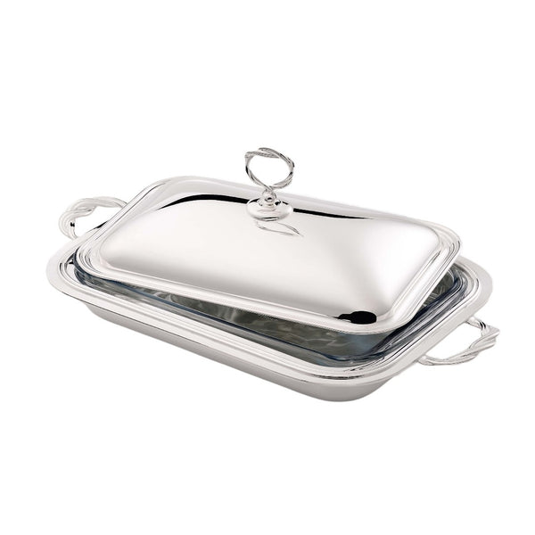 Rectangular silver-plated casserole dish with lid and twisted handles from the Villa Pisani collection by Greggio.