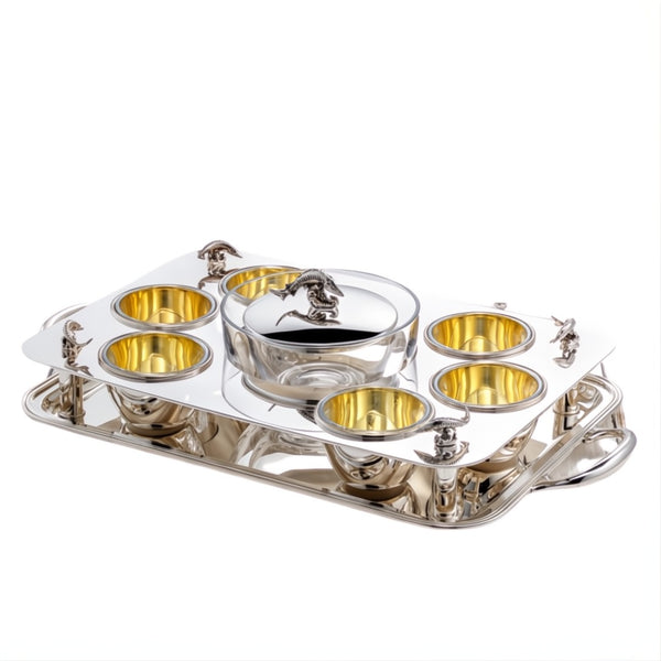 Rectangular silver-plated caviar set by Sonja Quandt with gold-gilded bowls, crystal inserts, and sturgeon-topped centerpiece.