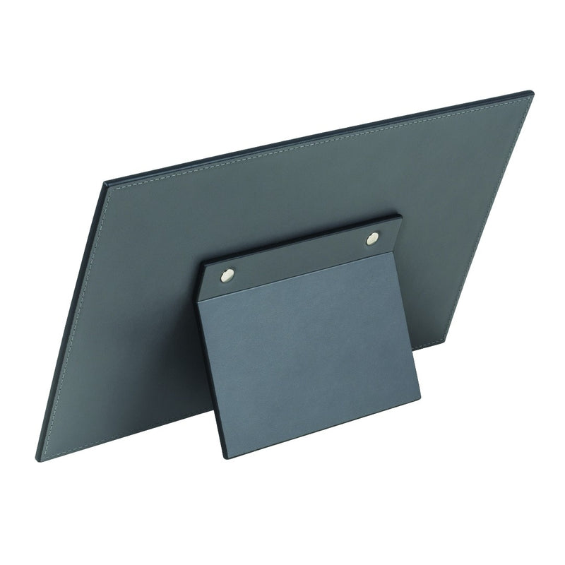 Back of the Rectangular Leather Seating Chart Aspen by Giobagnara in grey leather, displaying name cards for elegant table seating arrangements.