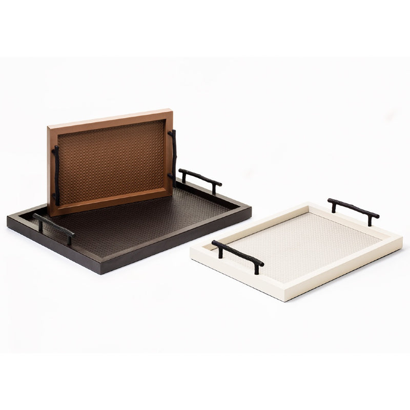 3 sizes and colours for Rectangular leather tray with Vienna pattern and oxidized bronze handles by Giobagnara