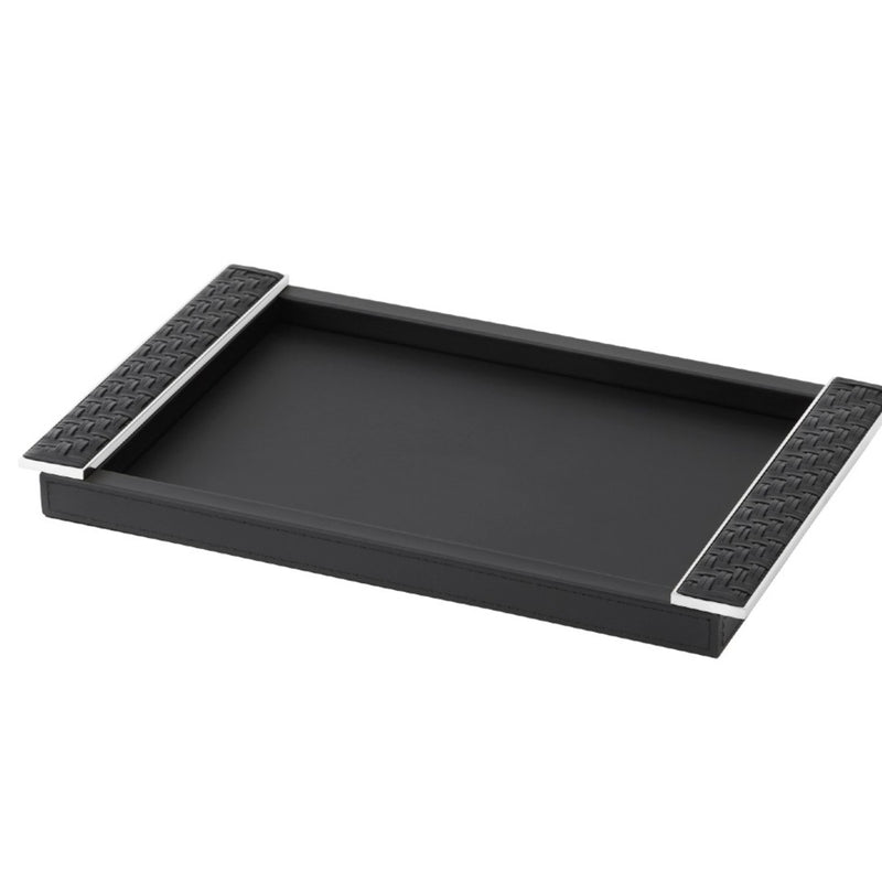 Rectangular Leather Tray Circe with Braided Handles Large black chrome by Riviere x Giobagnara