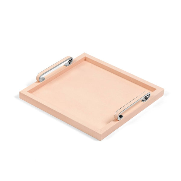 Rectangular Foscari leather tray in Cipria Pink with chrome handles by Pinetti