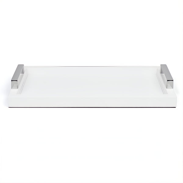 Rectangular Leather Tray with Handles Jupiter in White with Satin Brass, Chrome, or Burnished Brass by Pinetti