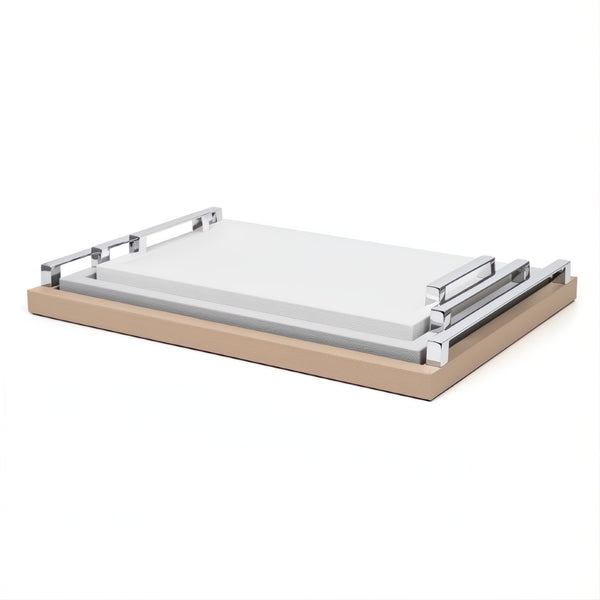 Stacked different size and colours Rectangular Leather Tray with Handles Jupiter in White with Satin Brass, Chrome, or Burnished Brass by Pinetti