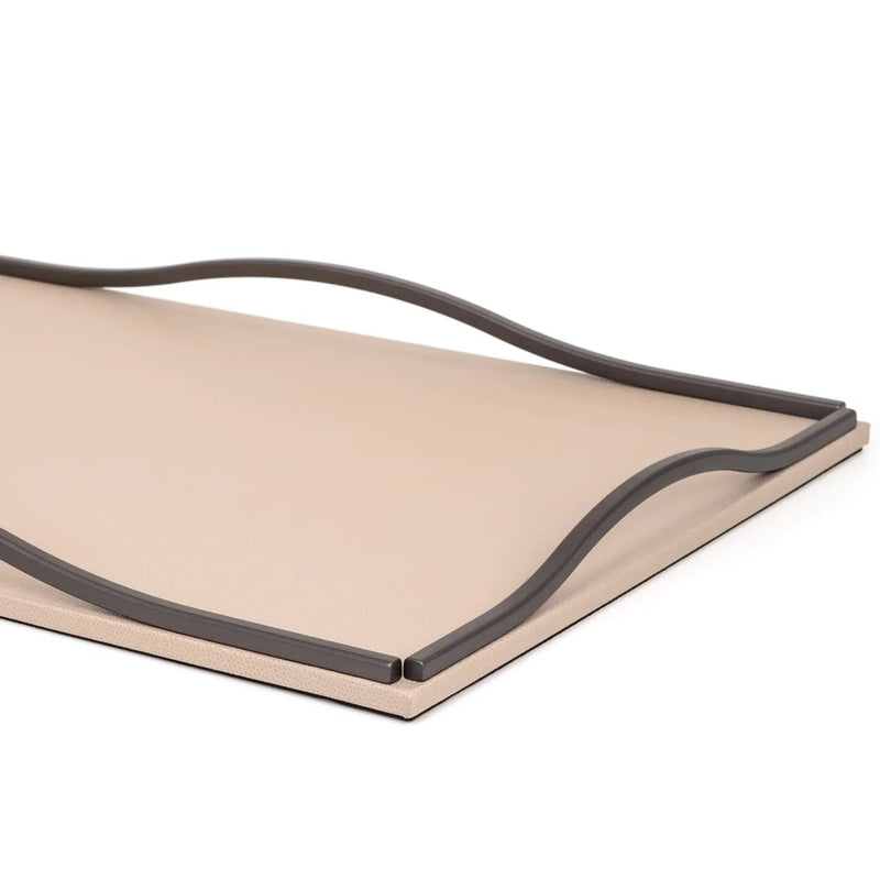 Close-up Rectangular Leather Tray with Handles Wave in Taupe Calfskin Liverpool by Pinetti