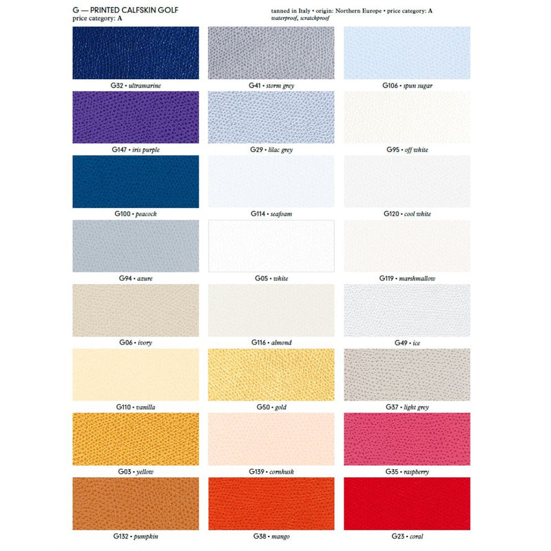 Rectangular Rondo Tray Color swatch chart with various printed calfskin golf colors page 2